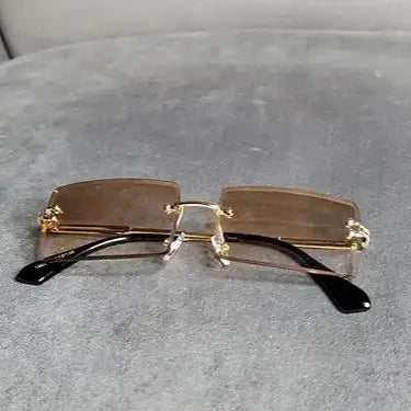 Gold Two-toned Brown Lens Sophisticated Square Rimless Rectangle Eyewear