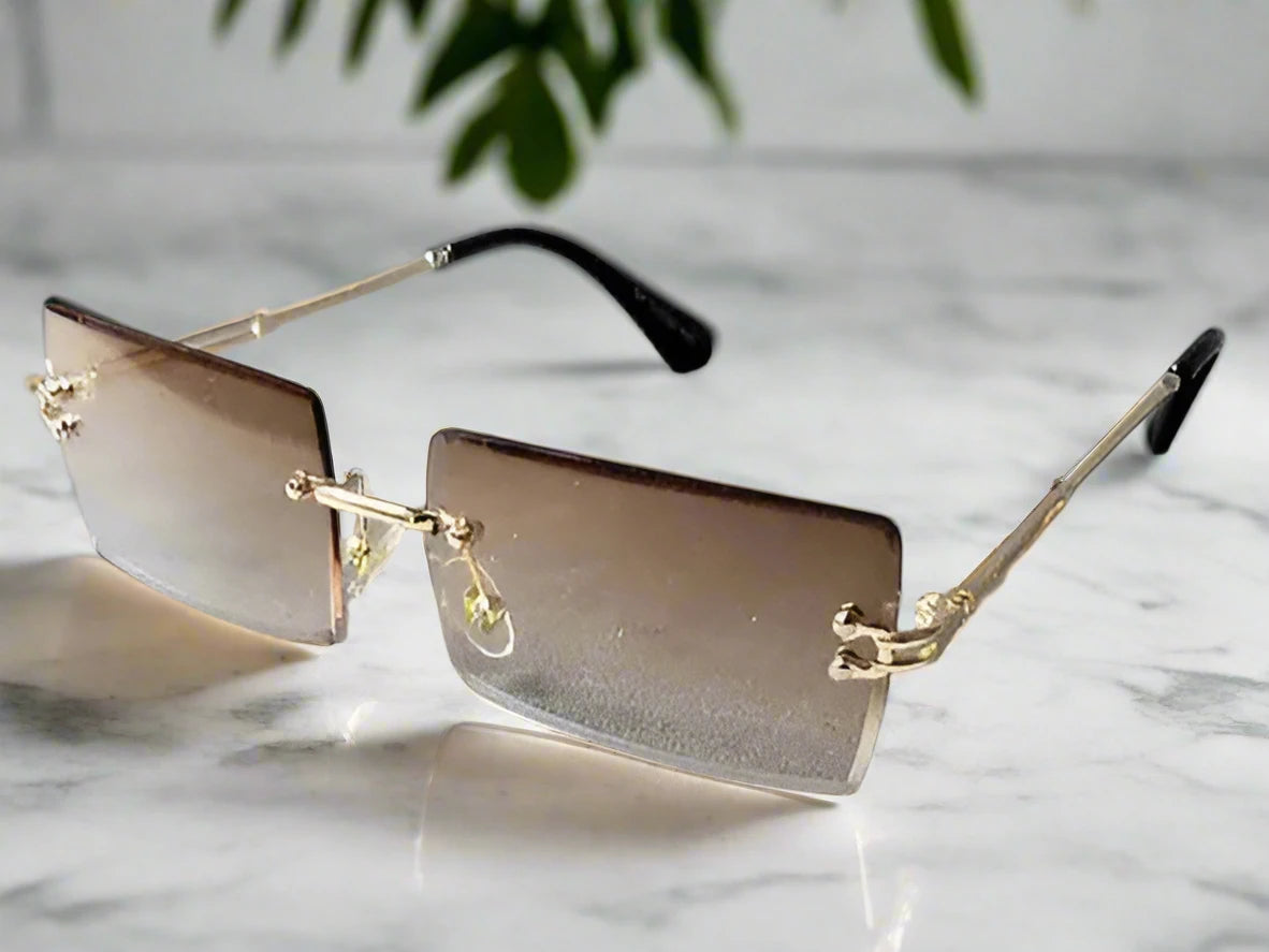 Gold Two-toned Brown Lens Sophisticated Square Rimless Rectangle Eyewear