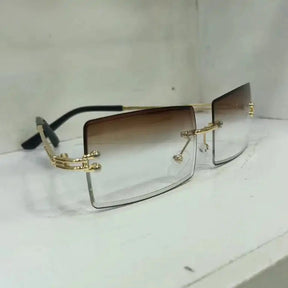 Gold Two-toned Brown Lens Sophisticated Square Rimless Rectangle Eyewear