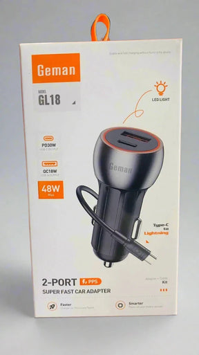 Geman GL18 48W 2-Port Car Charger - Fast Charging Adapter with LED Light